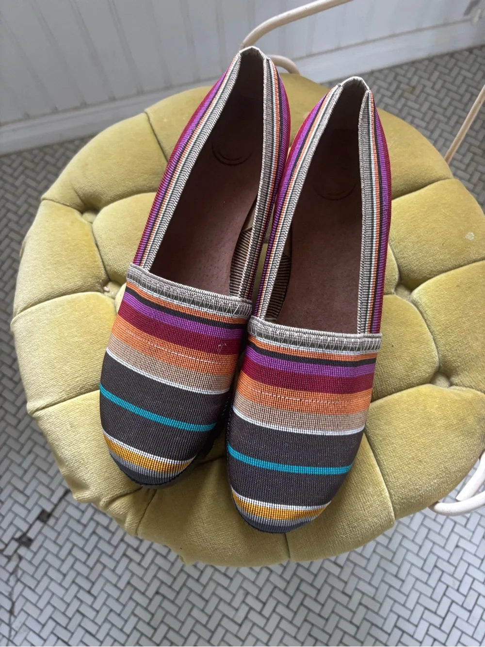 Striped Multicolor Slip-On Platforms — Brown with Pink, Orange & Teal Accents